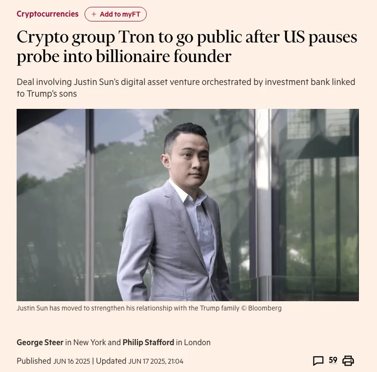 Justin Sun, founder of the TRON blockchain platform. Source: Financial Times 
