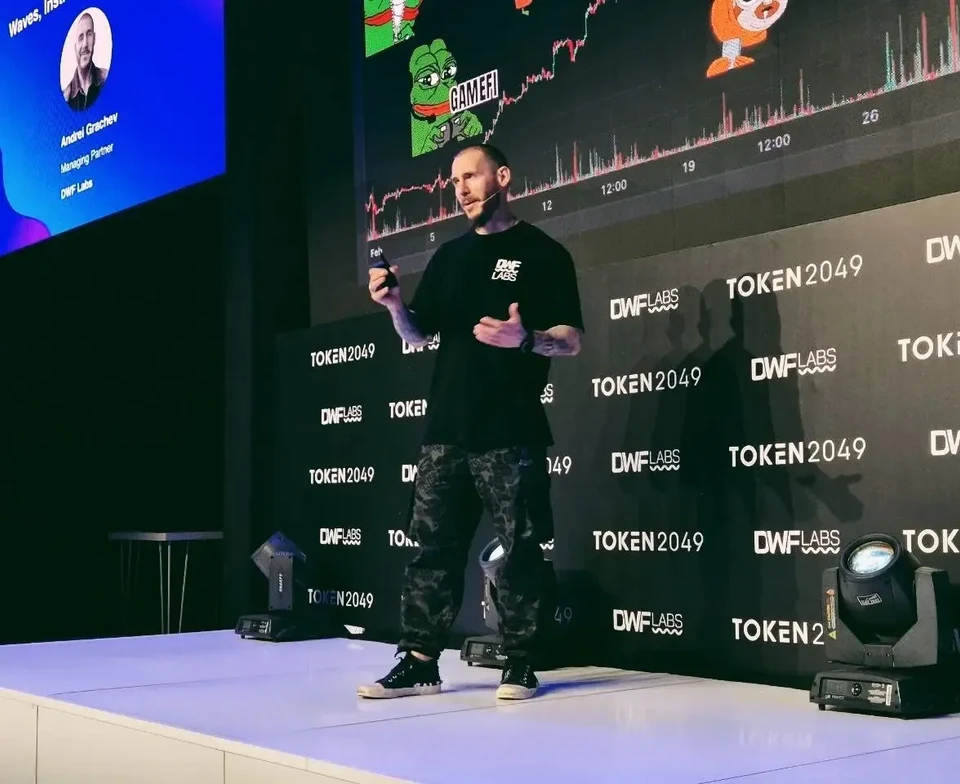 Andrei Grachev, Managing Partner of DWF Labs, speaking at TOKEN2049 Dubai 2024 on the DWF Labs stage
