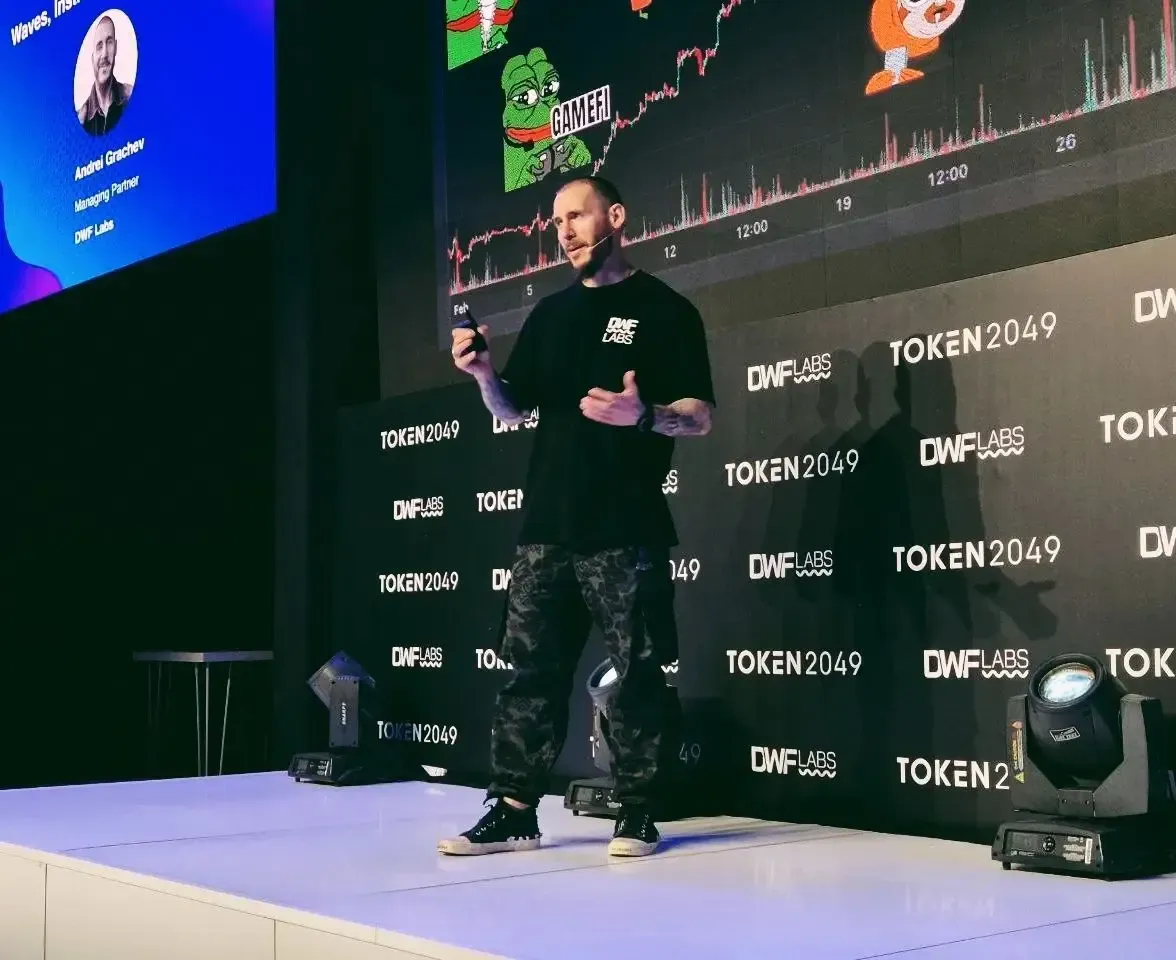 Andrei Grachev, Managing Partner of DWF Labs, speaking at TOKEN2049 Dubai 2024 on the DWF Labs stage