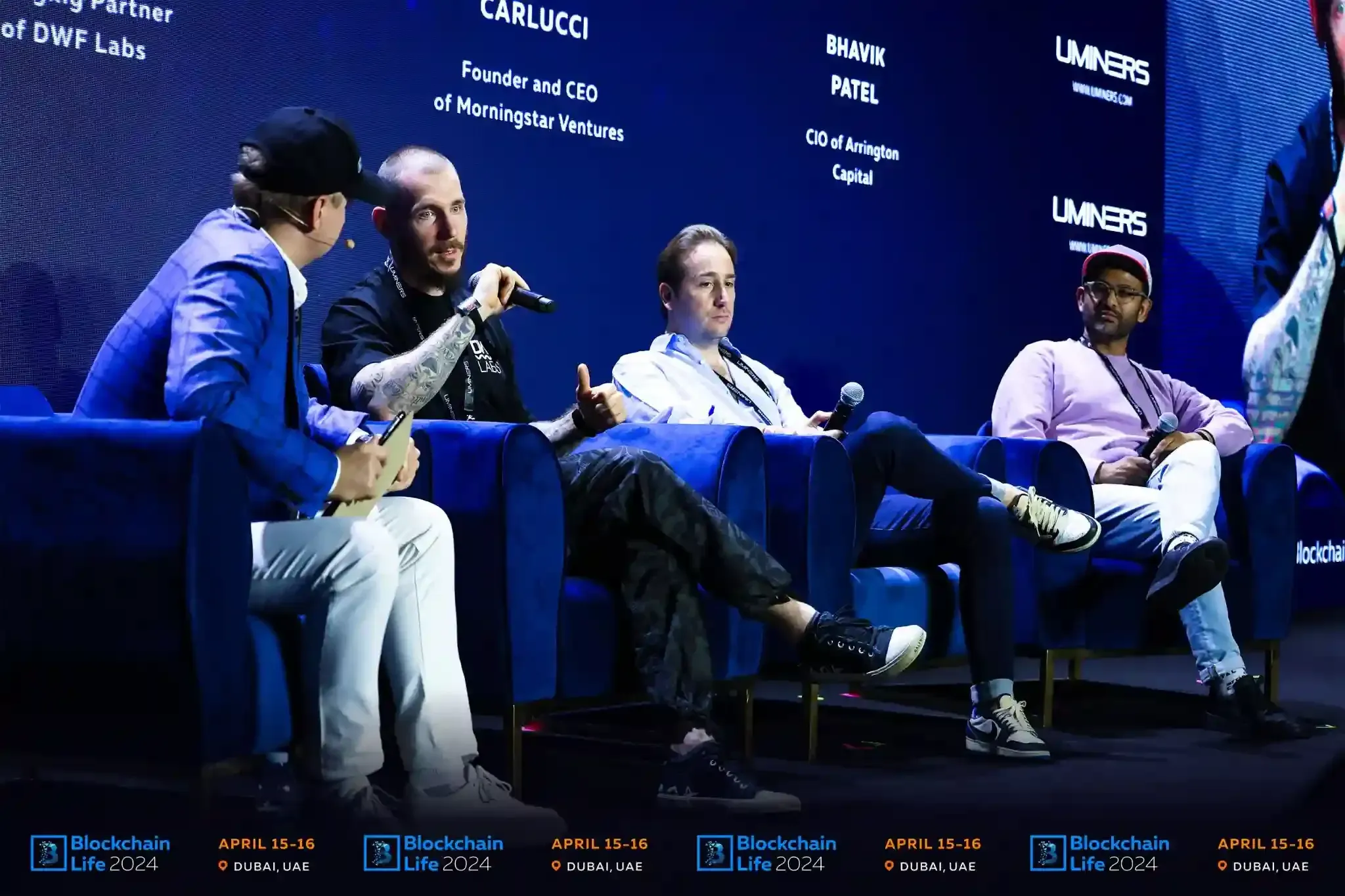 Managing Partner of DWF Labs Andrei Grachev on stage at Blockchain Life Forum April 2024 alongside fellow panelists Sergei Khitrov, Danilo Carlucci, and Bhavik Patel. Source: Blockchain Life Forum