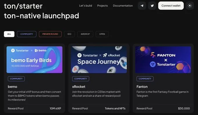 Tonstarter launchpad features bemo, xRocket, and Fanton. Source: Tonstarter
