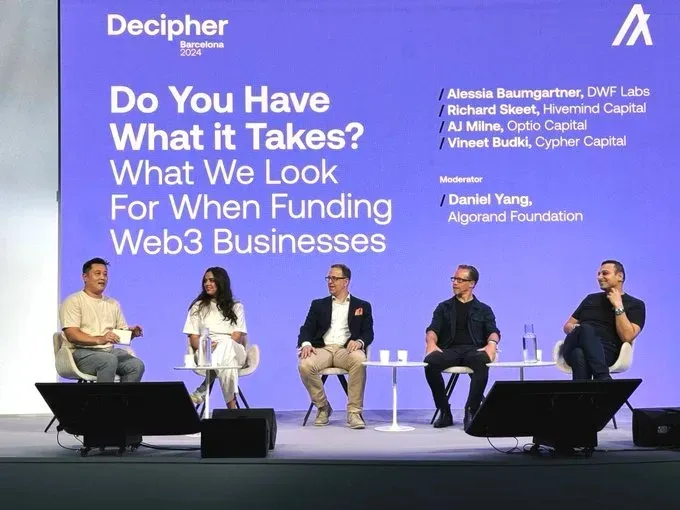Participants of the Decipher’s 2024 panel discussing what it takes to secure funding for crypto businesses.