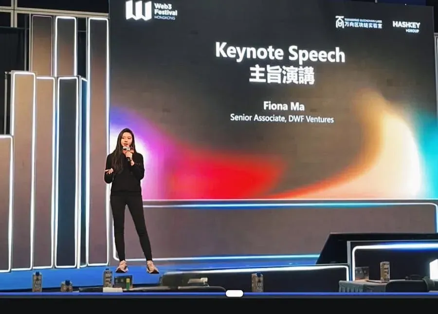 DWF Ventures's Senior Associate Fiona Ma giving a keynote speech on the Ethereum restaking landscape