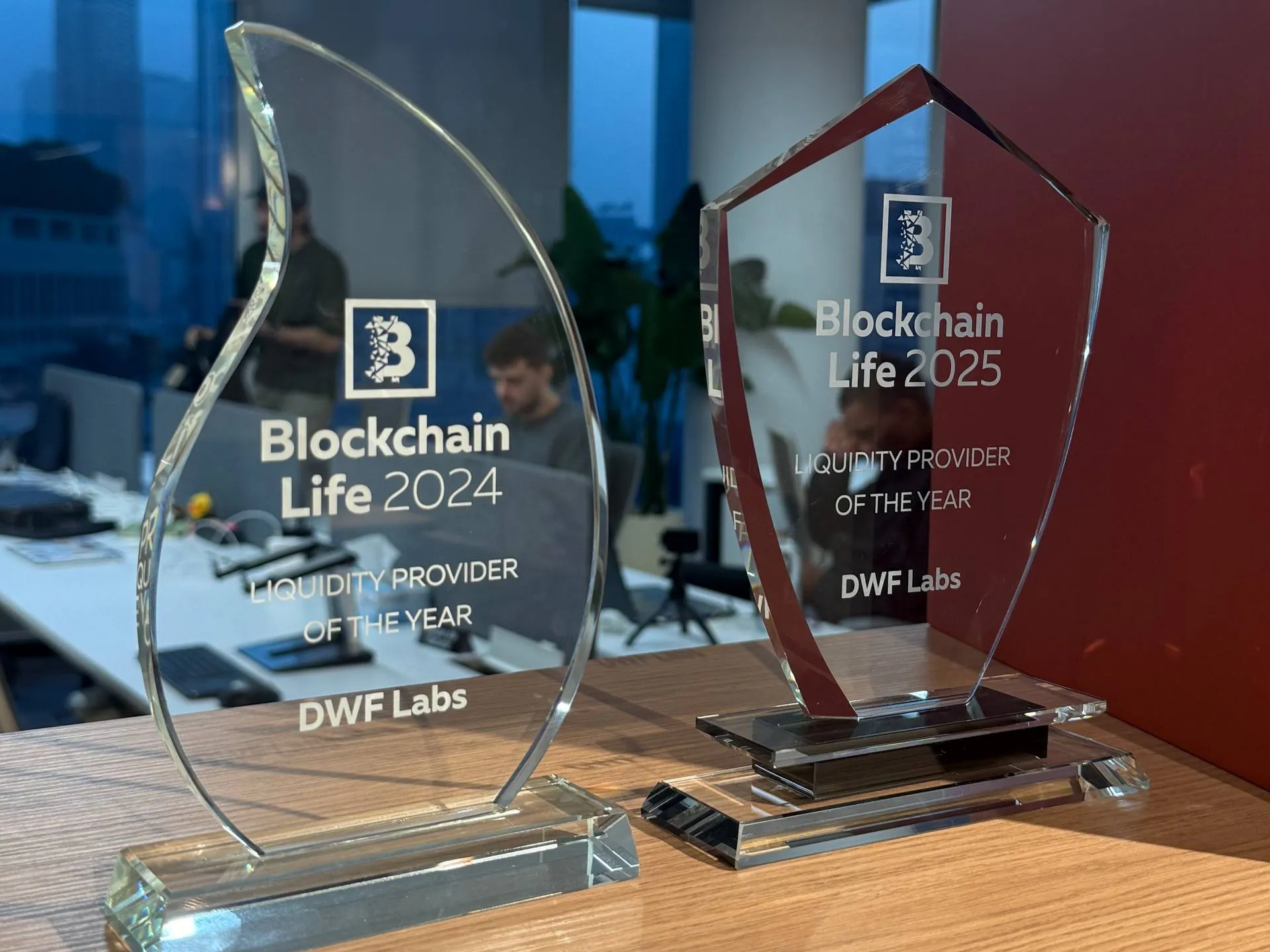 Industry awards displayed in the DWF Labs office in Dubai, UAE